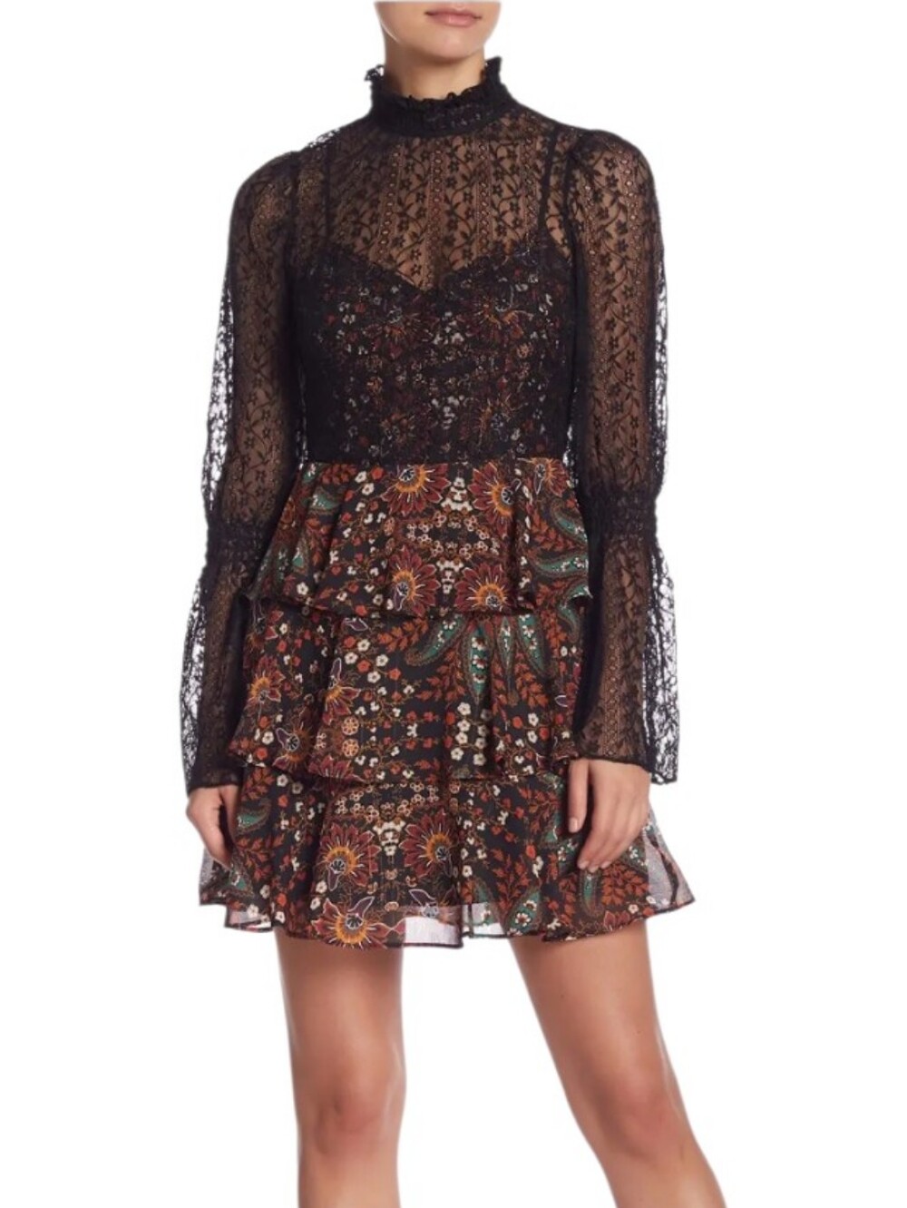 BCBG Nwot Black Lace Sweetheart Neckline Brown Floral Print Tiered Skirt Mini